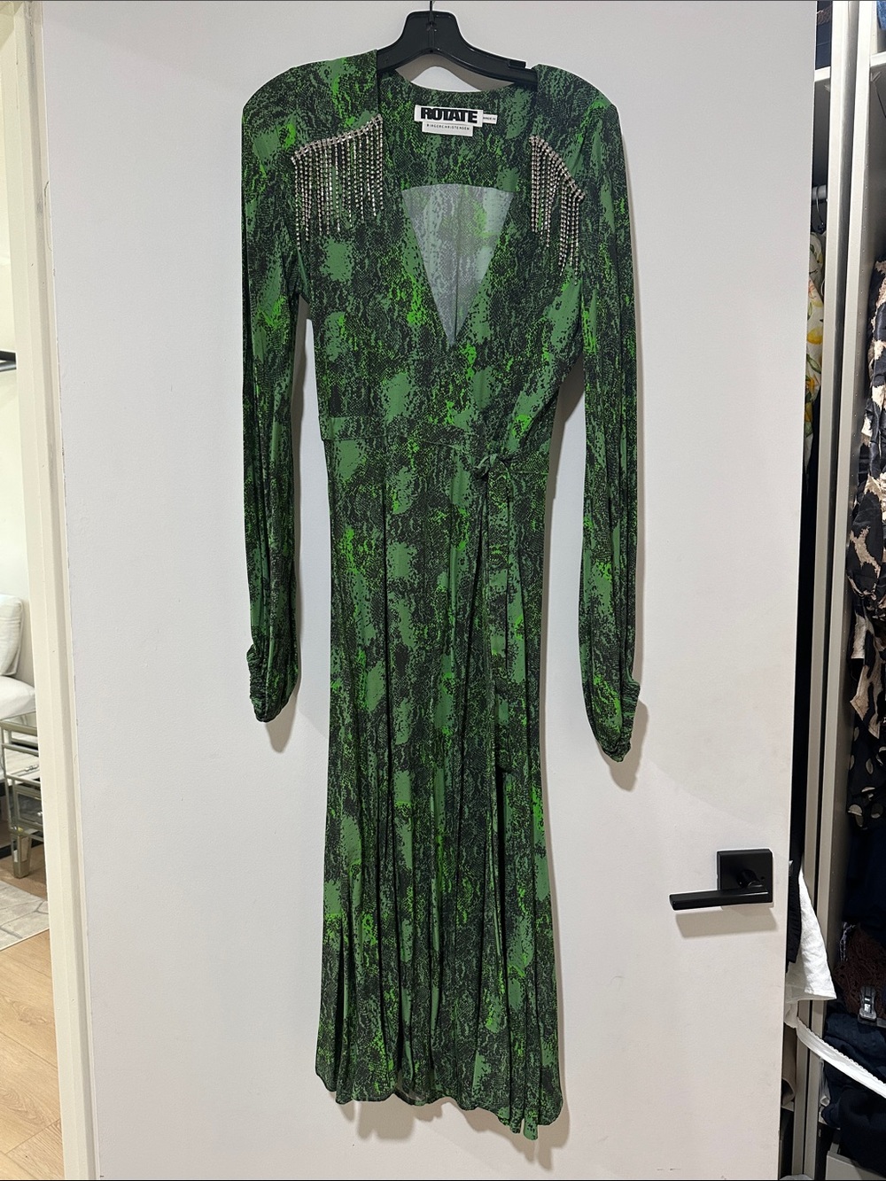 Green Snake Skin Print Long Sleeve Wrap Dress